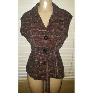 CAbi Medium Brown Pink Tweed Vest Plaid Sleeveless Fitted Tie waist